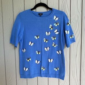 Talbots Butterfly Sequin Embellished Cloud Blue Knit Top Blouse Short Sleeve - M